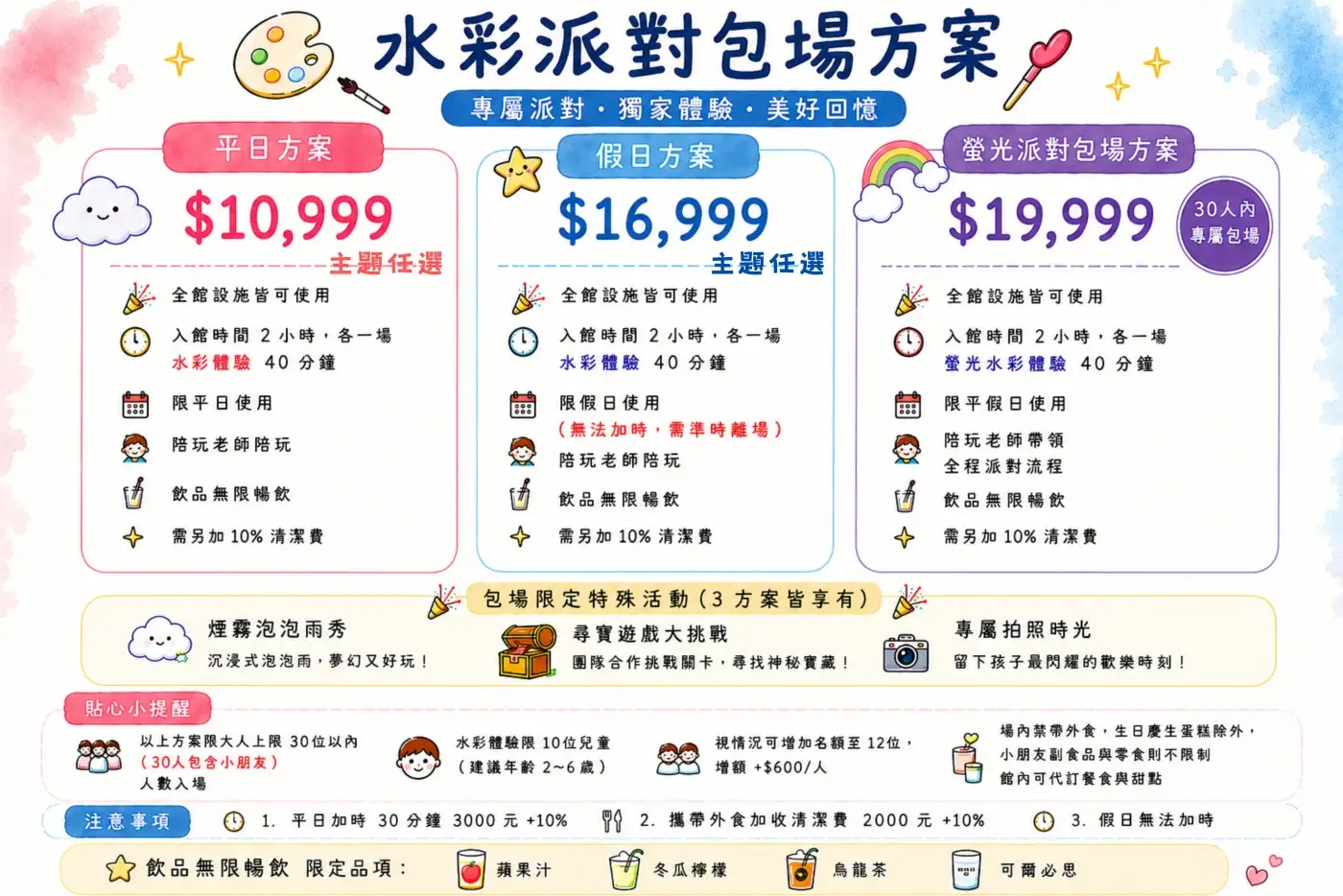 水彩派對包場方案明細｜平日假日螢光方案